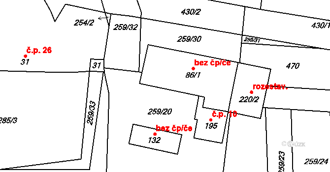 Rožmitál pod Třemšínem 49052098 na parcele st. 86/1 v KÚ Hutě pod Třemšínem, Katastrální mapa