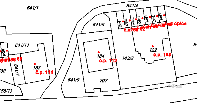 Loučná 112, Lom na parcele st. 184 v KÚ Loučná u Lomu, Katastrální mapa
