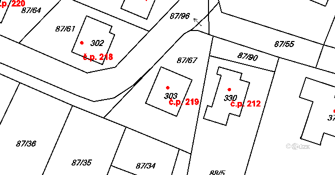 Chotoviny 219 na parcele st. 303 v KÚ Chotoviny, Katastrální mapa