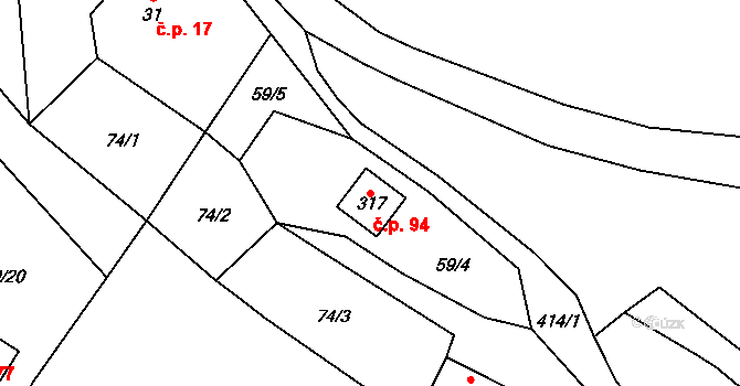 Horní Cetno 94, Niměřice na parcele st. 317 v KÚ Niměřice, Katastrální mapa