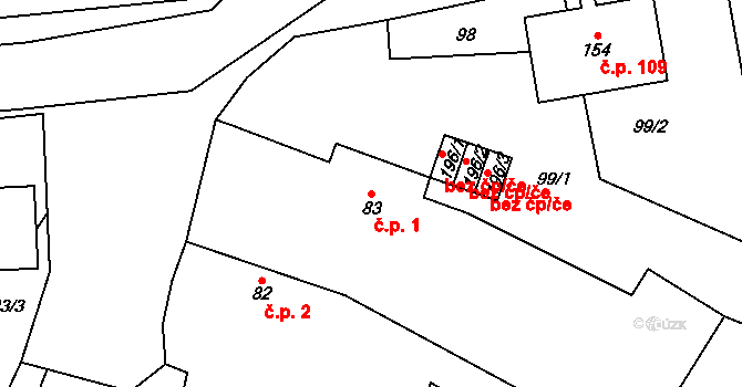 Panoší Újezd 1 na parcele st. 83 v KÚ Panoší Újezd, Katastrální mapa