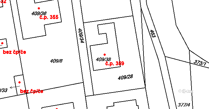 Semice 359 na parcele st. 409/38 v KÚ Semice nad Labem, Katastrální mapa