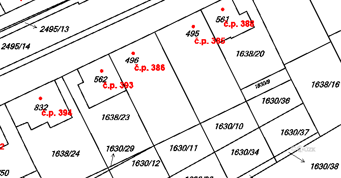 Bořetice 386 na parcele st. 496 v KÚ Bořetice u Hustopečí, Katastrální mapa
