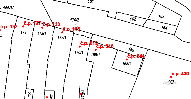 Hlohovec 240 na parcele st. 168/1 v KÚ Hlohovec, Katastrální mapa