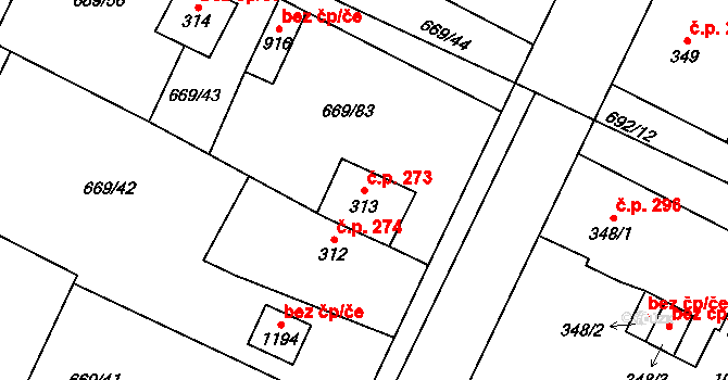 Chlumčany 273 na parcele st. 313 v KÚ Chlumčany u Přeštic, Katastrální mapa