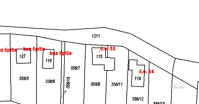 Proruby 33, Brzice na parcele st. 115 v KÚ Proruby, Katastrální mapa