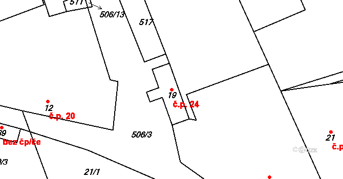 Bousín 24 na parcele st. 19 v KÚ Bousín, Katastrální mapa