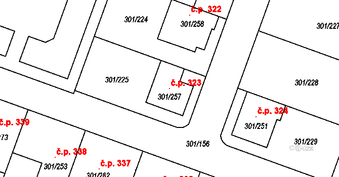 Hlušovice 323 na parcele st. 301/257 v KÚ Hlušovice, Katastrální mapa