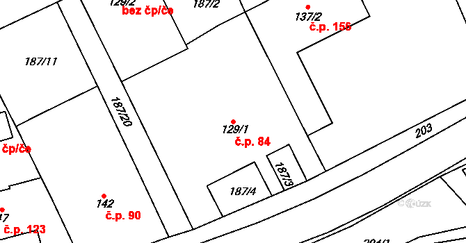 Hvozd 84 na parcele st. 129/1 v KÚ Hvozd u Konice, Katastrální mapa