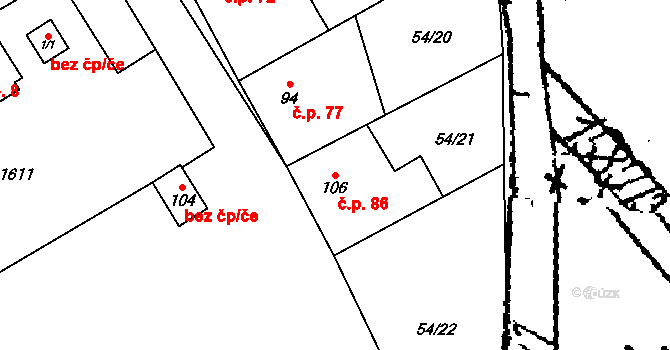 Podmolí 86 na parcele st. 106 v KÚ Podmolí, Katastrální mapa