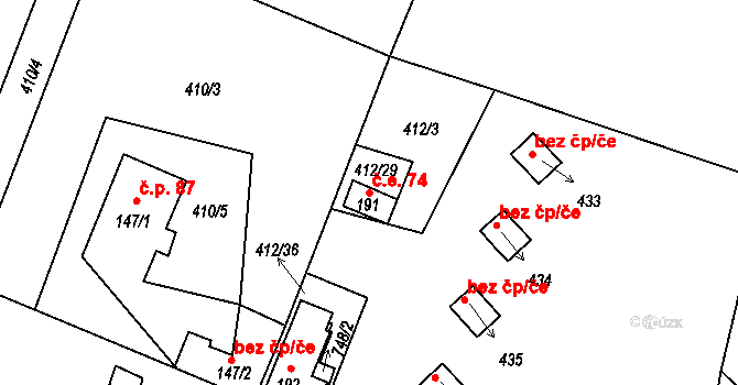 Hamr na Jezeře 74 na parcele st. 191 v KÚ Hamr na Jezeře, Katastrální mapa