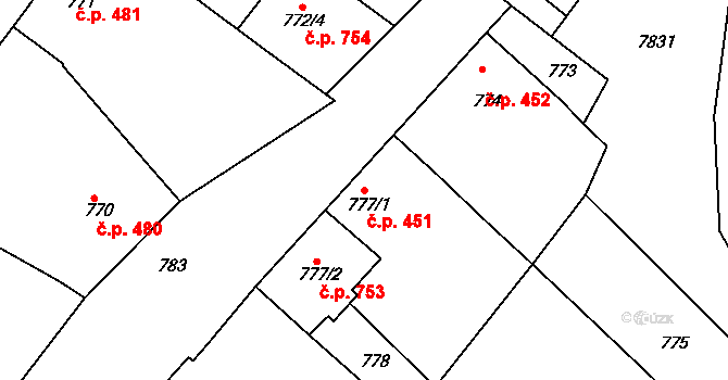 Šardice 451 na parcele st. 777/1 v KÚ Šardice, Katastrální mapa