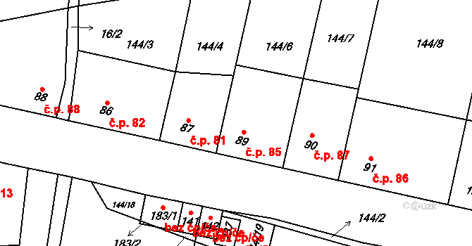 Třebusice 85 na parcele st. 89 v KÚ Třebusice, Katastrální mapa