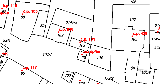 Bzenec 101 na parcele st. 103 v KÚ Bzenec, Katastrální mapa