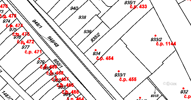 Rousínov 454 na parcele st. 934 v KÚ Rousínov u Vyškova, Katastrální mapa