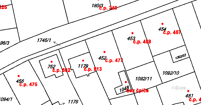 Hluboká nad Vltavou 477 na parcele st. 452 v KÚ Hluboká nad Vltavou, Katastrální mapa