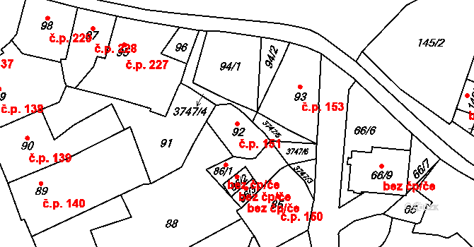 Žamberk 151 na parcele st. 92 v KÚ Žamberk, Katastrální mapa