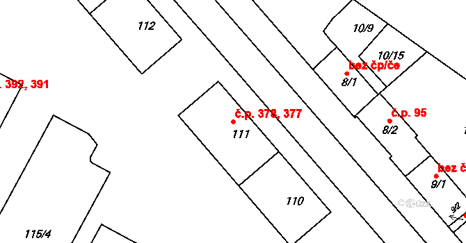 Miřetice u Klášterce nad Ohří 377,378, Klášterec nad Ohří na parcele st. 111 v KÚ Miřetice u Klášterce nad Ohří, Katastrální mapa