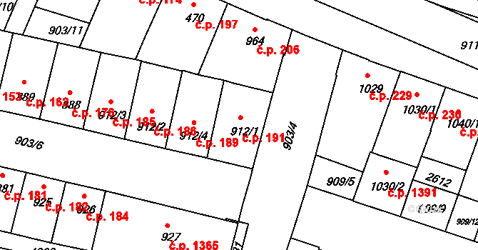 Horka-Domky 191, Třebíč na parcele st. 912/1 v KÚ Třebíč, Katastrální mapa
