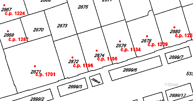 Královo Pole 1195, Brno na parcele st. 2874 v KÚ Královo Pole, Katastrální mapa