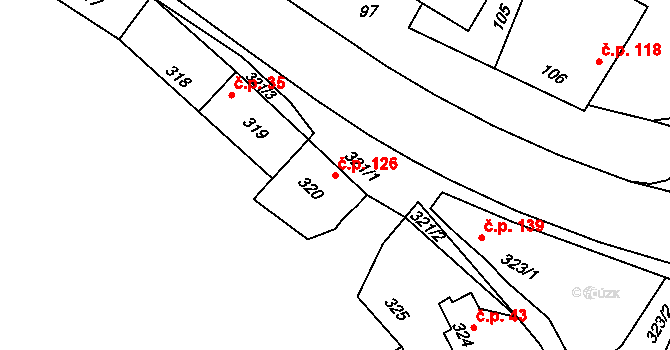 Šebrov 126, Šebrov-Kateřina na parcele st. 320 v KÚ Šebrov, Katastrální mapa