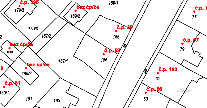 Miškovice 58, Praha na parcele st. 186 v KÚ Miškovice, Katastrální mapa