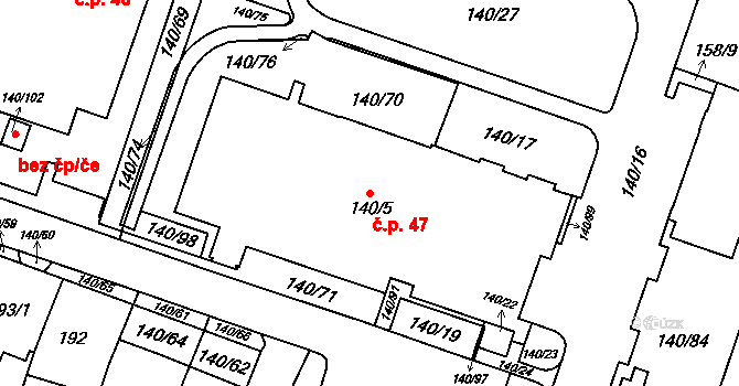 Fryštát 47, Karviná na parcele st. 140/5 v KÚ Karviná-město, Katastrální mapa