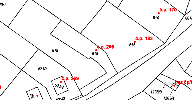 Moravské Knínice 206 na parcele st. 618 v KÚ Moravské Knínice, Katastrální mapa