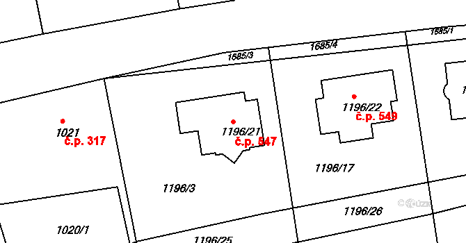Jarošov 547, Uherské Hradiště na parcele st. 1196/21 v KÚ Jarošov u Uherského Hradiště, Katastrální mapa