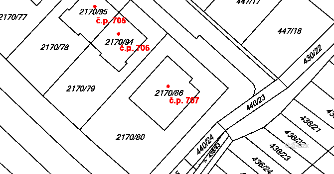 Mikulčice 707 na parcele st. 2170/86 v KÚ Mikulčice, Katastrální mapa