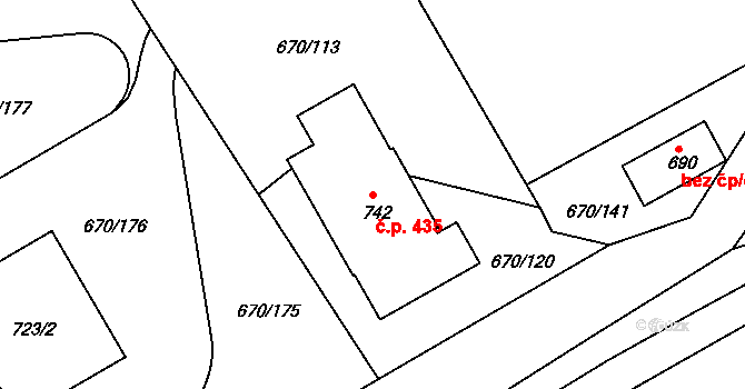 Louky 435, Zlín na parcele st. 742 v KÚ Louky nad Dřevnicí, Katastrální mapa