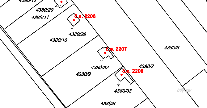 Louny 2207 na parcele st. 4380/32 v KÚ Louny, Katastrální mapa