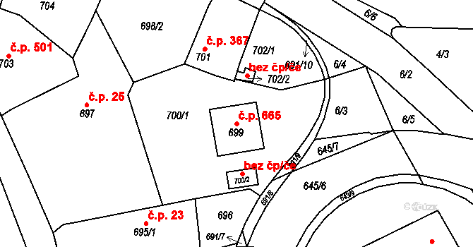 Buchlovice 665 na parcele st. 699 v KÚ Buchlovice, Katastrální mapa