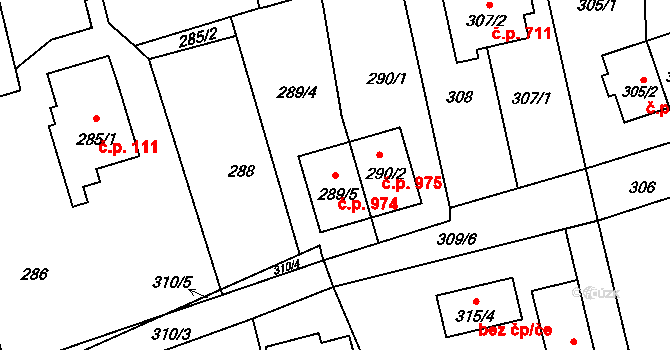 Průhonice 974 na parcele st. 289/5 v KÚ Průhonice, Katastrální mapa