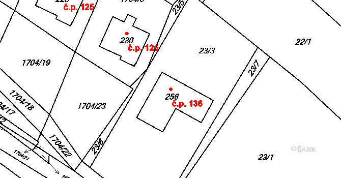 Kladná Žilín 136, Luhačovice na parcele st. 256 v KÚ Kladná Žilín, Katastrální mapa