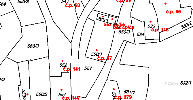 Olomučany 57 na parcele st. 550/1 v KÚ Olomučany, Katastrální mapa