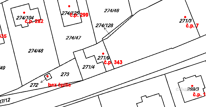 Třeboradice 343, Praha na parcele st. 271/9 v KÚ Třeboradice, Katastrální mapa