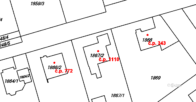 Ruzyně 1110, Praha na parcele st. 1867/2 v KÚ Ruzyně, Katastrální mapa