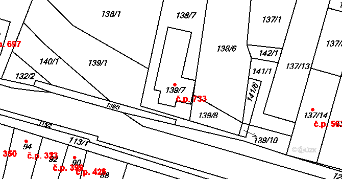 Blučina 733 na parcele st. 139/7 v KÚ Blučina, Katastrální mapa