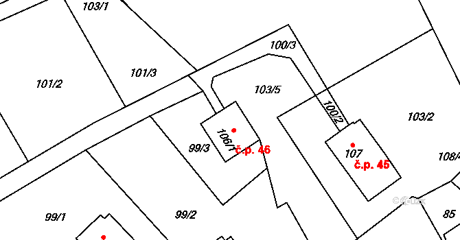 Březí 46, Malečov na parcele st. 106/1 v KÚ Březí u Malečova, Katastrální mapa