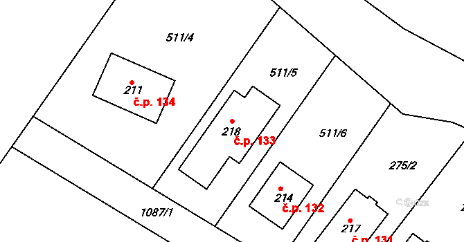 Bukovina 133 na parcele st. 218 v KÚ Bukovina, Katastrální mapa