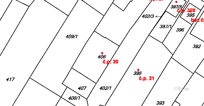 Perná 30 na parcele st. 406 v KÚ Perná, Katastrální mapa
