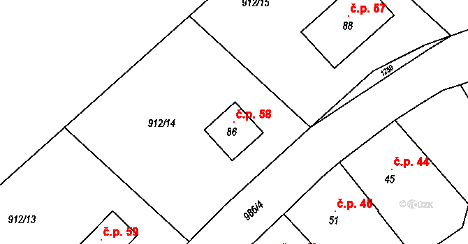 Radejčín 58, Řehlovice na parcele st. 86 v KÚ Radejčín, Katastrální mapa