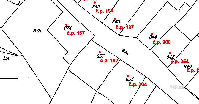 Prusinovice 182 na parcele st. 857 v KÚ Prusinovice, Katastrální mapa