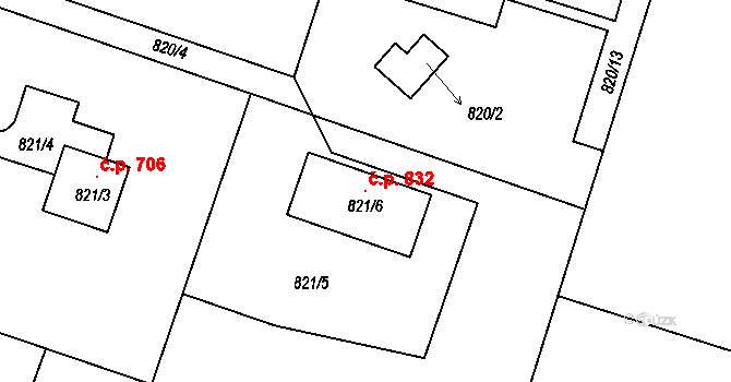 Hradištko 832 na parcele st. 821/6 v KÚ Hradištko u Sadské, Katastrální mapa