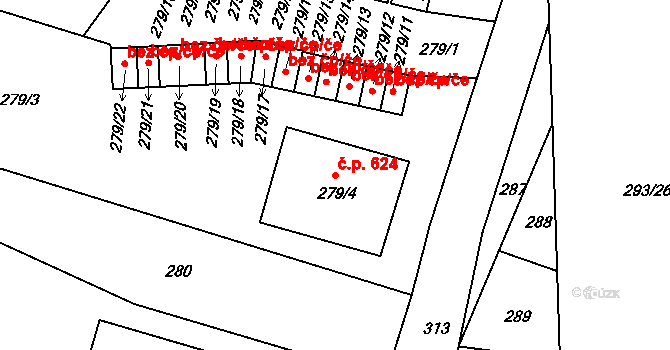 Velké Hamry 624 na parcele st. 279/4 v KÚ Velké Hamry, Katastrální mapa