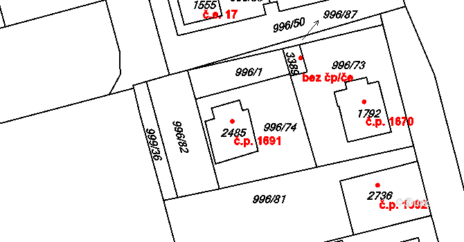 Nymburk 1691 na parcele st. 2485 v KÚ Nymburk, Katastrální mapa