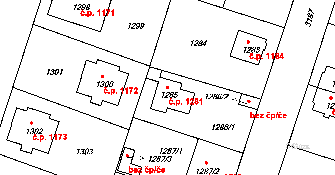 Čelákovice 1281 na parcele st. 1285 v KÚ Čelákovice, Katastrální mapa