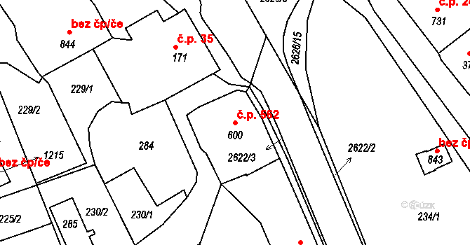 Luby 562 na parcele st. 600 v KÚ Luby I, Katastrální mapa