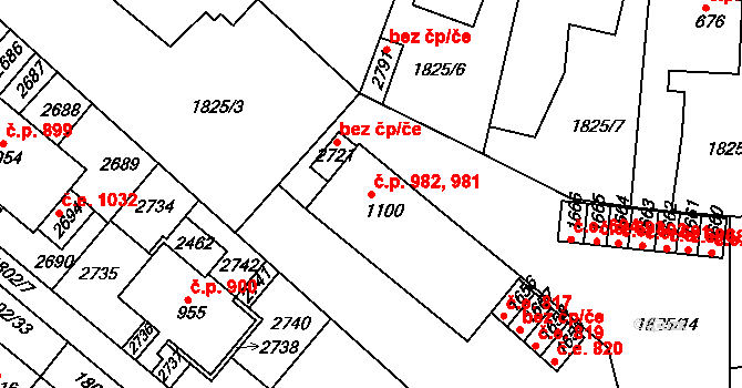 Tišnov 981,982 na parcele st. 1100 v KÚ Tišnov, Katastrální mapa